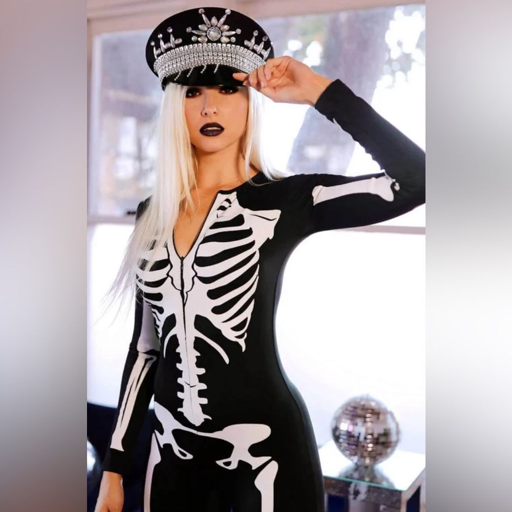 NWT Tipsy Elves Form Fitting Skelton Full Zip Bodysuit Halloween Cosplay- Size M
